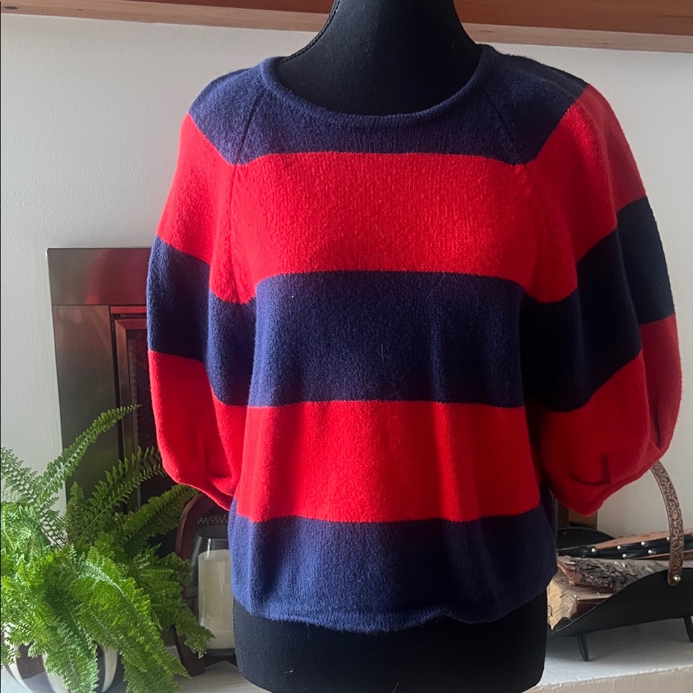 Bold Old Navy SoSoft Cropped Puff-Sleeve Sweater in a navy and red stripe